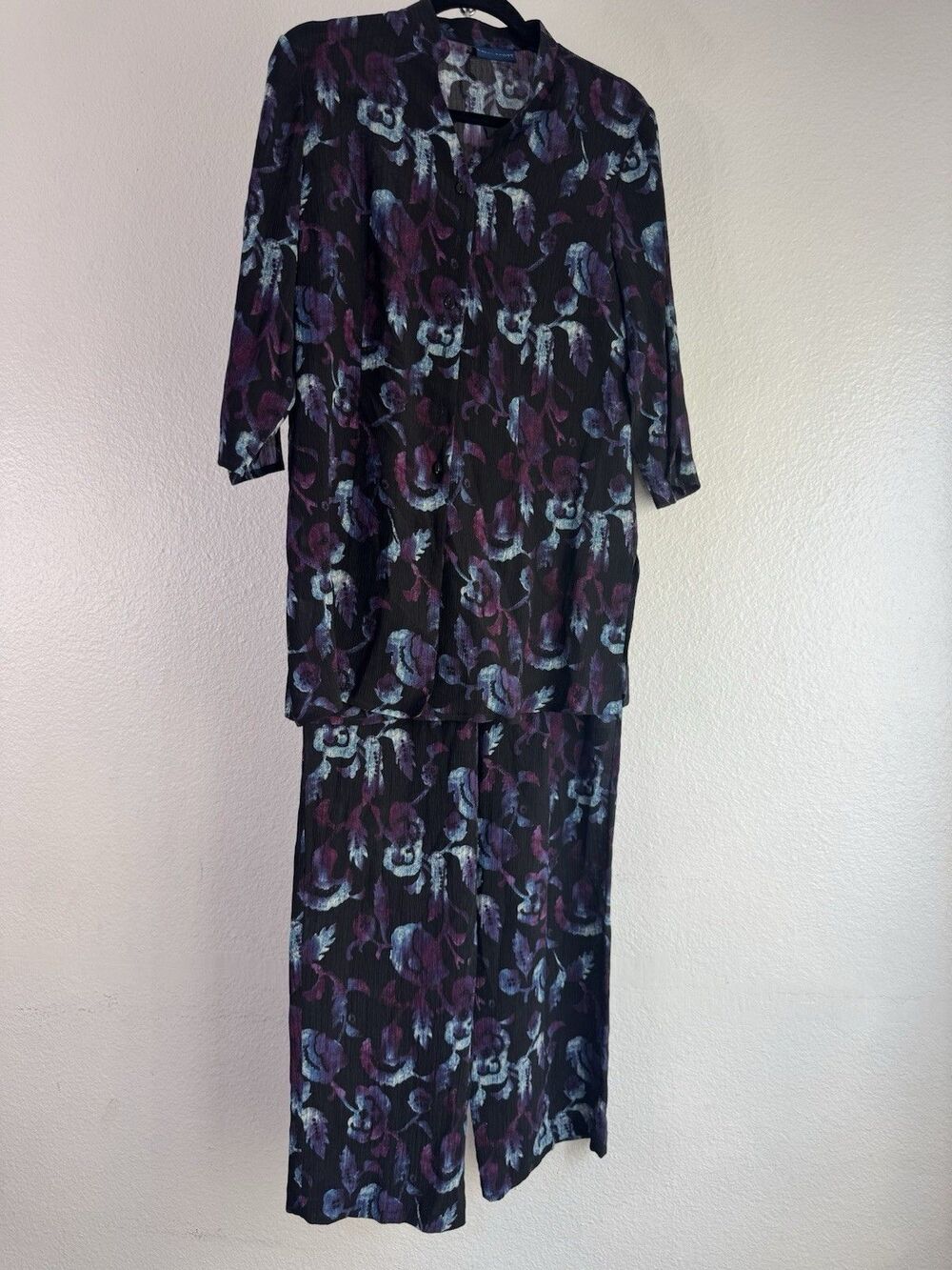 Karen Scott Silk Small 2 Piece Set Button Down/Pants 3/4 Sleeve Floral